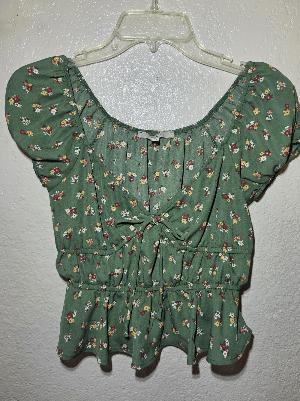 Papaya Green Floral Tie-Front Peplum Crop Top M